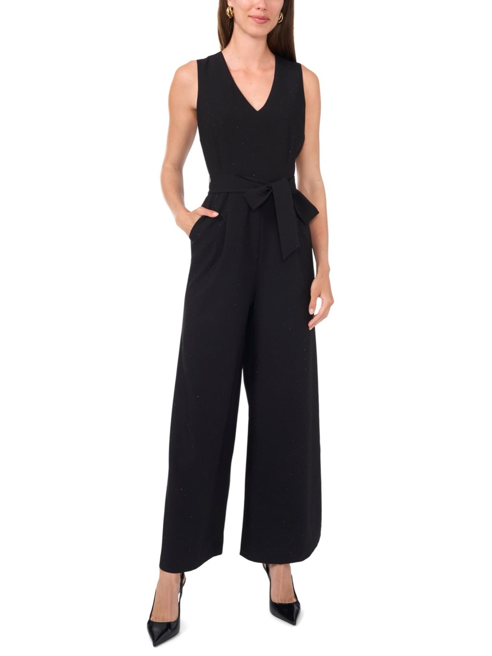 Sleeveless V-Neck Black Wide-Leg Jumpsuit with Waist Tie